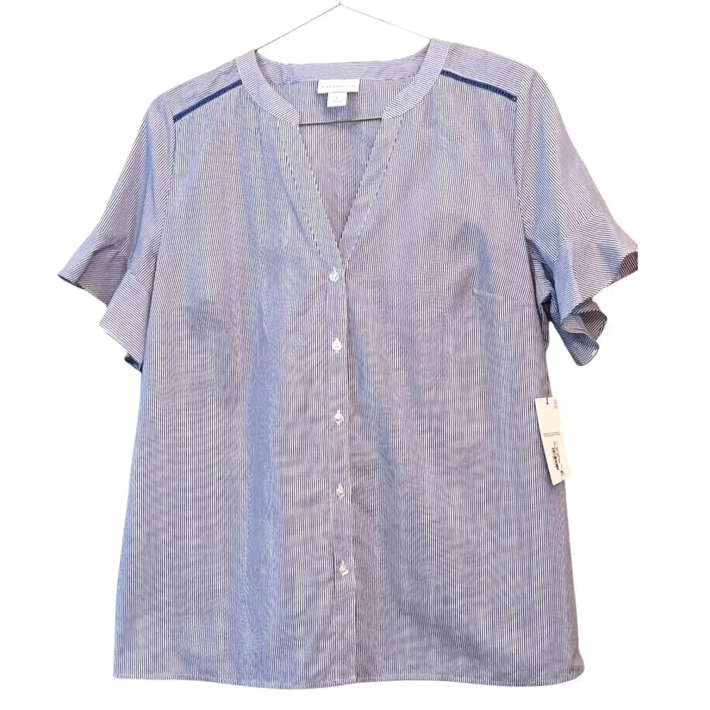 NEW LIZ CLAIBORNE Cotton Blouse Top LG V-Neck Short Flutter Sleeves Blue Crochet